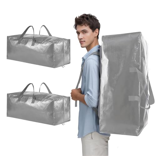 Foyer Nuage Aufbewahrungstasche mit Reißverschlüssen, robuste und langlebige große Taschen mit Griff und Rucksackgurten für den Umzug, Wäschesäcke, Kleideraufbewahrung (Grau, Large - 2pcs) von Foyer Nuage