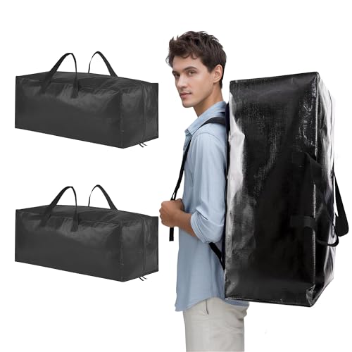 Foyer Nuage Aufbewahrungstasche mit Reißverschlüssen, robuste und langlebige große Taschen mit Griff und Rucksackgurten für den Umzug, Wäschesäcke, Kleideraufbewahrung (Schwarz, Large - 2pcs) von Foyer Nuage