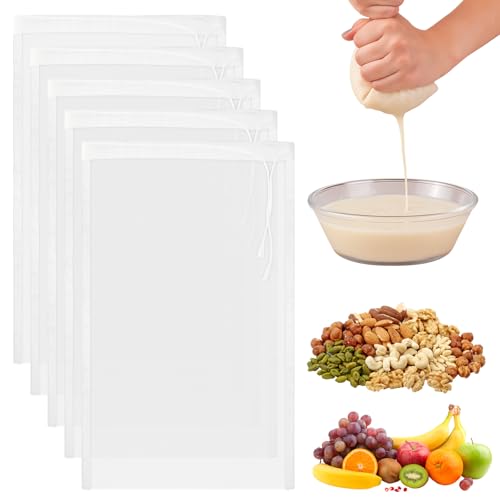 5 Stück Nussmilchbeutel,Käsetuchbeutel zum Pürieren,Passiertuch Wiederverwendbar,Nylon Käsetuch Bio Waschbar Filterbeutel Mit Kordelzug,für Nussmilch Käse Kaffee Joghurt Fruchtsaft(20 x 30cm) von Foyods