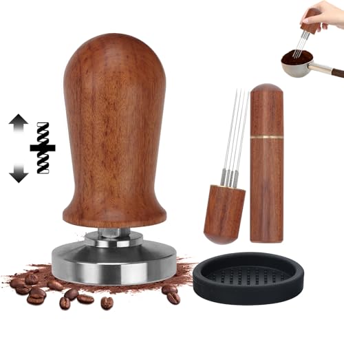 Foyucool Kaffee Tamper Set: Tamper 51mm mit Holzgriff - WDT Tool mit 6 Nadel - Silikon Tampermatte, Espresso Tamper, Interne Feder zum Leichten Drücken, für Cafes und Kaffeeliebhaber von Foyucool