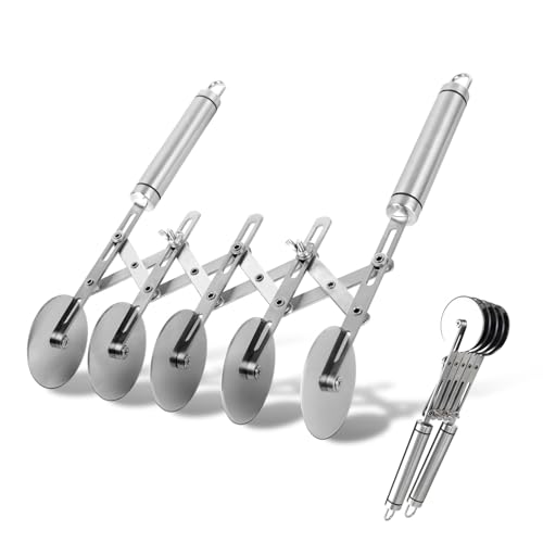 Foyucool Teigschneider mit Griff, 5 Räder justierbar Kuchenteiler, Pizzaschneider Edelstahl, Justierbar Breite, für Pizza, Brot und Küchenbacken von Foyucool