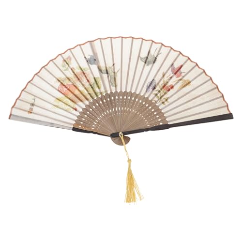 Faltbarer Ventilator mit chinesischem Vintage-Schmetterlings-Blumenmuster, Holzrahmen mit Baumwollleinen, Handfächer mit Quasten, chinesischer Faltfächer von Fpbiagoq
