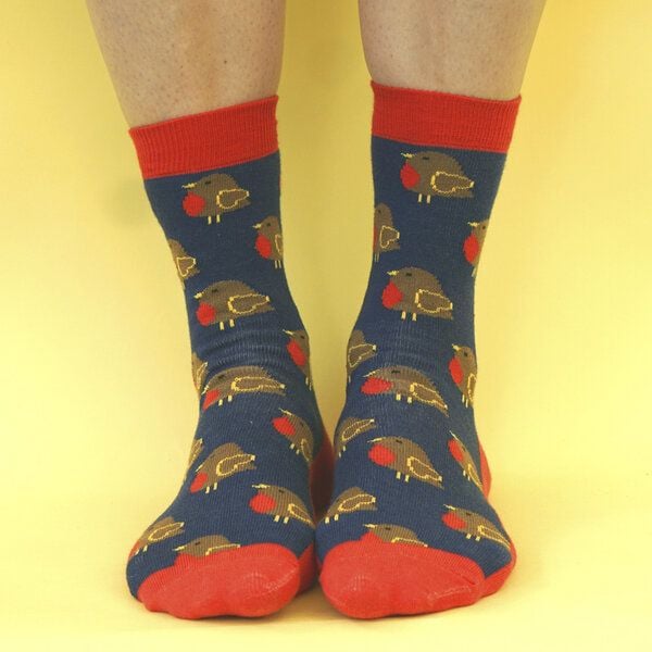 Fräulein Prusselise Rotkehlchen Socke Robyn, blau, rot, bunt gemustert von Fräulein Prusselise
