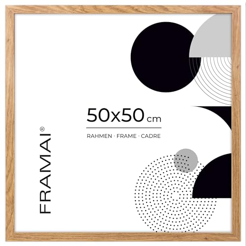 FRAMAI® Bilderrahmen 50x50 cm Eichenfarbe, MDF Umweltfreundlichem Rahmen mit Bruchsicheren Plexi, Aufhänger und Aufsteller von FRAMAI