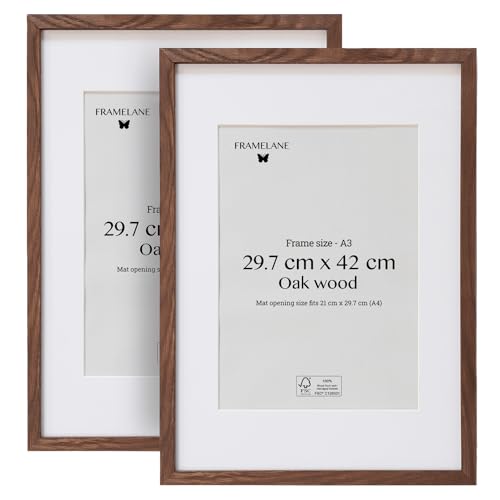 Framelane Set of 2 Bilderrahmen A3 Dunkelbraun - FSC-Zertifiziertes Holzbilderrahmen Dunkelbraun Aus Eichenholz, Mit Passepartout, Kratzfestes & Bruchsicheres Acrylglas, Für Wand- Und Tischmontage von Framelane
