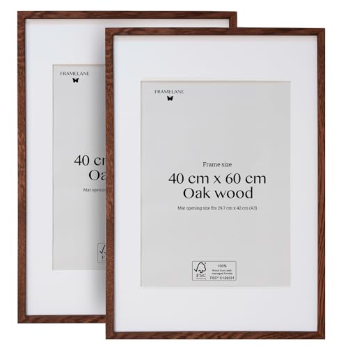 Framelane Set of 2 Bilderrahmen 40x60 - FSC-Zertifiziertes Holzbilderrahmen Dunkelbraun Aus Eichenholz, Mit Passepartout, Kratzfestes & Bruchsicheres Acrylglas, Für Wandmontage Quer- Und Hochformat von Framelane