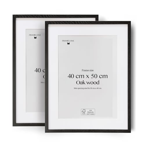 Framelane Set of 2 Bilderrahmen 40x50 Schwarz - FSC-Zertifiziertes Eichenholz, Mit Passepartout, Kratzfestes & Bruchsicheres Acrylglas, Für Hoch- Oder Querformat, Bilderrahmen Für Wandmontage von Framelane