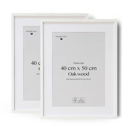 Framelane Set of 2 Bilderrahmen 40x50 Weiß - FSC-Zertifizierter Holzrahmen Aus Eiche Mit Passepartout - Bilderrahmen Mit Kratzfestem & Bruchsicherem Acrylglas - Wandaufhängung Hoch & Quer von Framelane