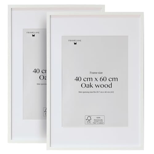 Framelane Set of 2 Bilderrahmen 40x60 Weiß - FSC-Zertifizierter Eiche Holzrahmen Mit Passepartout - Bilderrahmen Mit Kratzfestem & Bruchsicherem Acrylglas - Hoch- und Querformat Wandmontage von Framelane