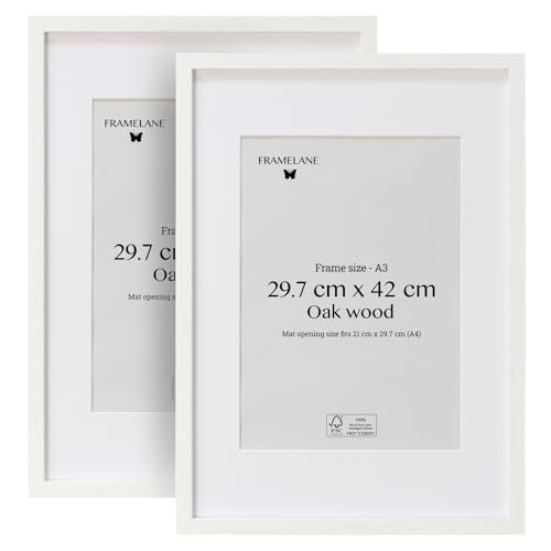 Framelane Set of 2 Bilderrahmen A3 Weiß - FSC-Zertifizierter Holzbilderrahmen mit Passepartout - Bilderrahmen mit Kratzfestem & Bruchsicherem Acrylglas - Hochformat & Querformat Wandmontage von Framelane