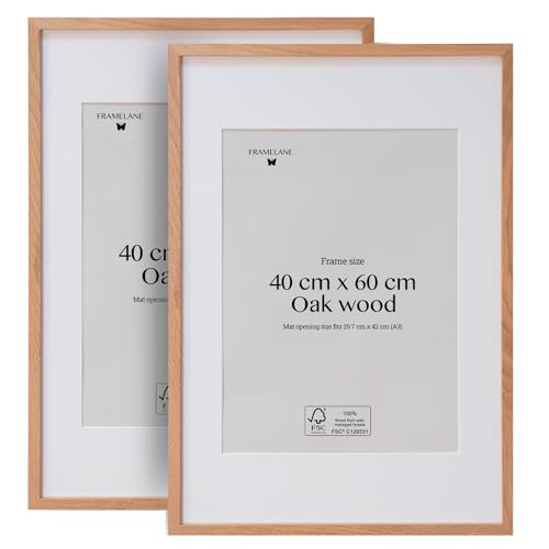 Framelane Set of 2 Bilderrahmen 40x60 Holz Natur - FSC-Zertifiziert - Bilderrahmen Holz mit Passepartout - Kratzfestes & Bruchsicheres Acrylglas - Hochwertiger Eichenrahmen zur Wandmontage von Framelane