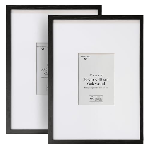 Framelane Set of 2 Bilderrahmen 30x40 Schwarz - FSC-Zertifiziertes Eichenholz, Mit Passepartout, Kratzfestes & Bruchsicheres Acrylglas, Für Hoch- Oder Querformat, Bilderrahmen Für Wandmontage von Framelane