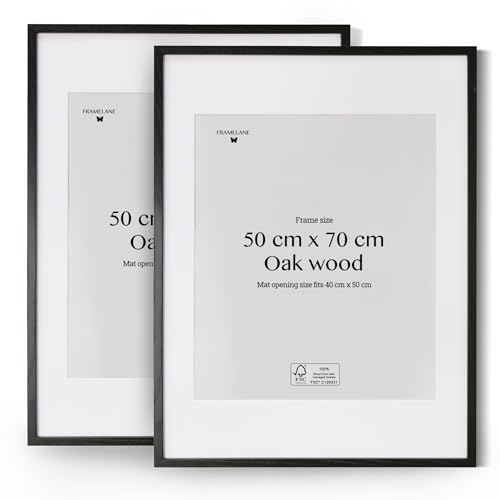Framelane Set of 2 Bilderrahmen 50x70 Schwarz - FSC-Zertifiziertes Eichenholz, Mit Passepartout, Kratzfestes & Bruchsicheres Acrylglas, Bilderrahmen Für Hoch- Oder Querformat von Framelane