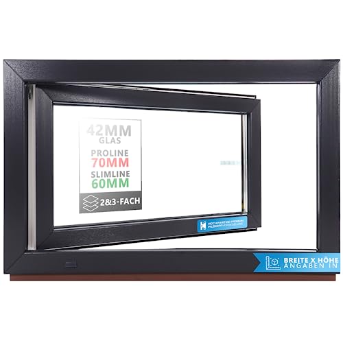 Kellerfenster Kunststofffenster anthrazit, BxH: 80 x 50 cm / 800 x 500 mm Verglasung (32 mm) Dreh-Kipp inkl. Pilzkopfverriegelung, DIN Links (Griff Rechts), 60 mm Profil von Framelux