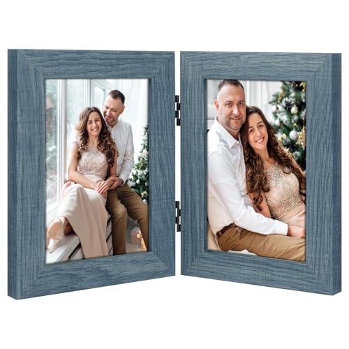 Frametory, Doppel-Bilderrahmen, aufklappbar, für 2 Fotos, Collage, Schreibtisch-Bilderrahmen mit Glas, vertikaler Rahmen (Blau, 1 Stück) von Frametory