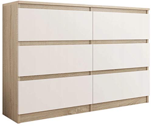 Framire R-120 Kommode in Sonoma Eiche mit Weiß, Kommode mit 6 Schubladen, Schrank für Schlafzimmer, Wohnzimmer, Bad, 120 x 76 x 31 cm von Framire