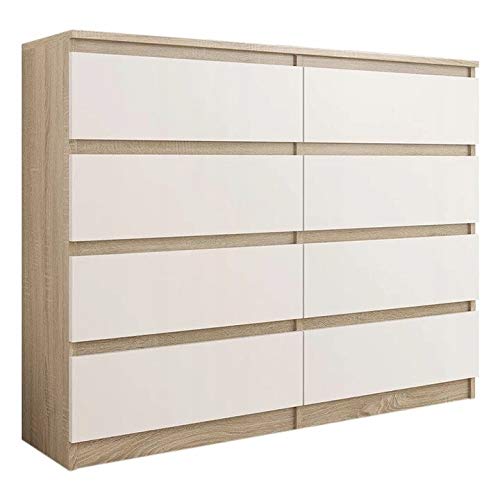 Framire R-120-S8 Kommode in Eiche Sonoma Mix Weiß, Kommode mit 8 Schubladen, Schrank für Schlafzimmer, Wohnzimmer, Bad, 120 x 98 x 40 cm von Framire