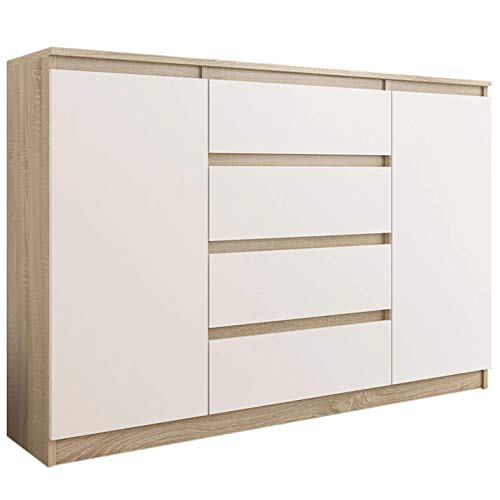 Framire R-140-S4 Kommode in Sonoma Eiche mit Weiß, Kommode mit 4 Schubladen, 2 Türen, Schrank für Schlafzimmer, Wohnzimmer, Bad, 98 x 139 x 40 cm von Framire