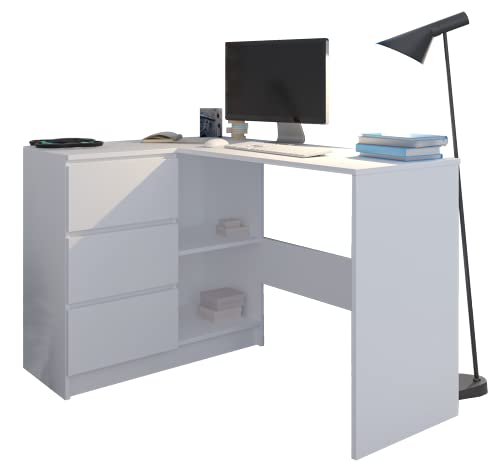 Framire N-4L Schreibtisch weiß, Computertisch mit 3 Schubladen, 2 Regale, Eckschreibtisch, Schreibtisch für Schlafzimmer, Wohnzimmer, Studio, 112 x 76 x 87 cm von Framire