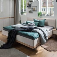 Design Bett in Beige und Eiche Bianco gepolstertem Kopfteil von Franco Möbel