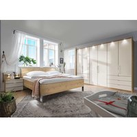 XL Schlafzimmer Set in Beige und Eiche Bianco glasbeschichtet (vierteilig) von Franco Möbel