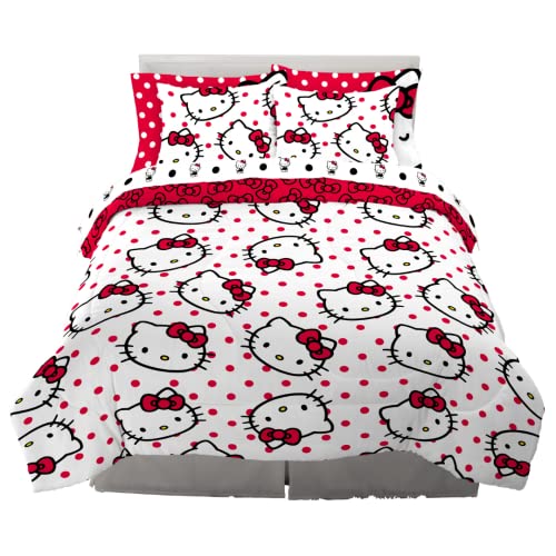 Franco Sanrio Hello Kitty Bettwäsche-Set mit Punkten, 7-teilig, superweiches Bettdecken- und Bettlaken-Set mit Kissenbezug, Queen-Size-Bett (100% offizielles Lizenzprodukt) Sammlerstücke von Franco