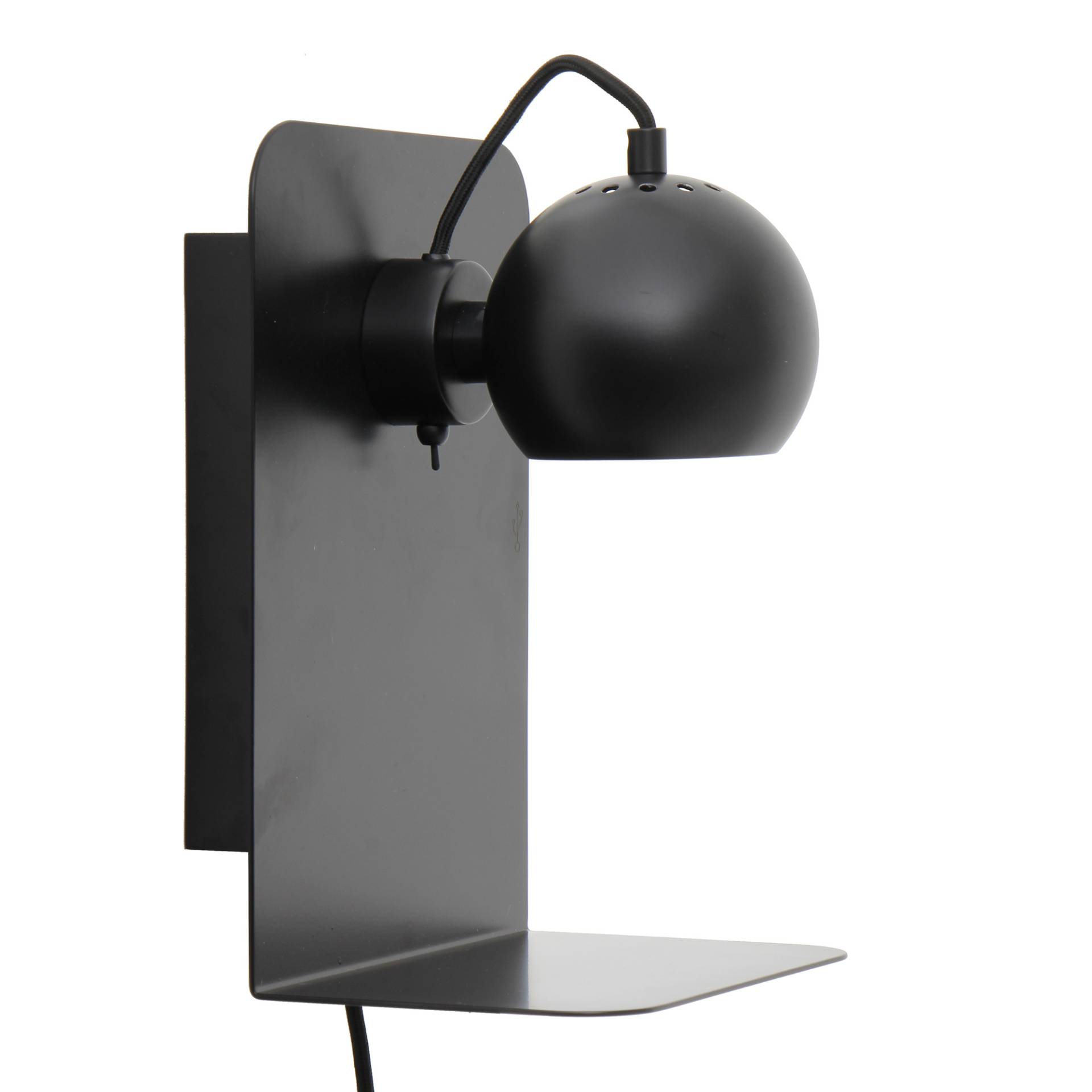 Frandsen - Ball Wandleuchte mit USB - schwarz/matt/Schirm Ø12cm/TxH 18x30cm/Wandplatte BxT 22x17,5cm/Stoffkabel schwarz 250cm/USB Output 2000mA 5V von Frandsen