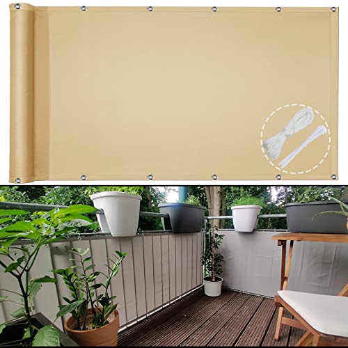 Balkon Sichtschutz Balkonumspannungen 95X850cm Balkonumspannung Balkonumspannungen Blickdichte Wasserfest Windfest und UV-Schutz für Garten, Balkon Terrasse mit ?sen Kabelbinder und Seil Sandfarbe von Frangivista