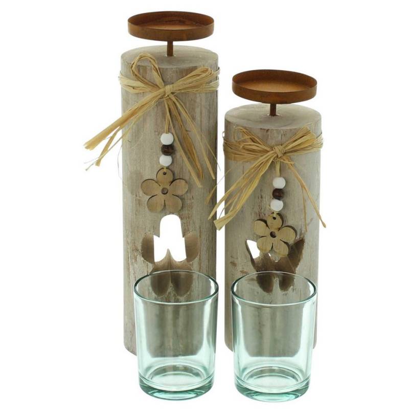 Frank Flechtwaren Windlicht 2x Windlichtsäule Blüten Holz & Glas 30+35cm – Shabby Look von Frank Flechtwaren