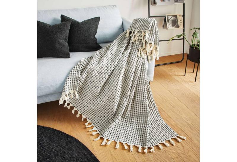 Wohndecke Kuscheldecke Waffelpiqué Baumwolle schwarz/natur – Sofadecke, Frank Flechtwaren von Frank Flechtwaren