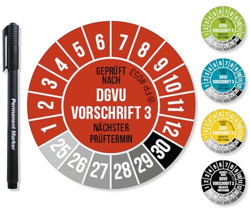 Frank Paperman® 1200x DGVU V3 Prüfplaketten rot 20 mm Durchmesser inkl. Folienstift, Prüfplaketten Nächster Prüftermin, UV-beständig, Hohe Klebkraft, 5 Farben, 2 Größen von Frank Paperman