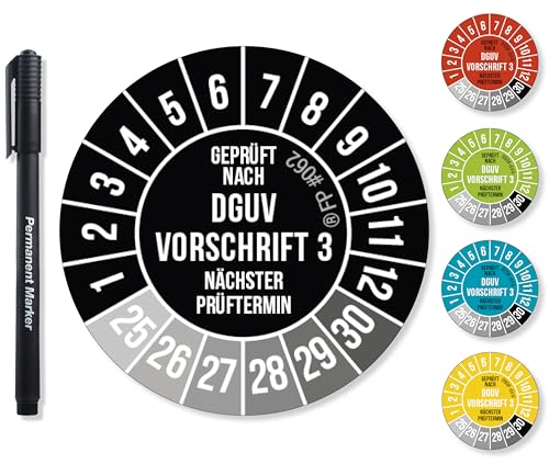 Frank Paperman® 1200x DGUV V3 Prüfplaketten schwarz/weiss 30 mm Durchmesser inkl. Folienstift, Prüfplaketten Nächster Prüftermin, UV-beständig, Hohe Klebkraft, 5 Farben, 2 Größen von Frank Paperman