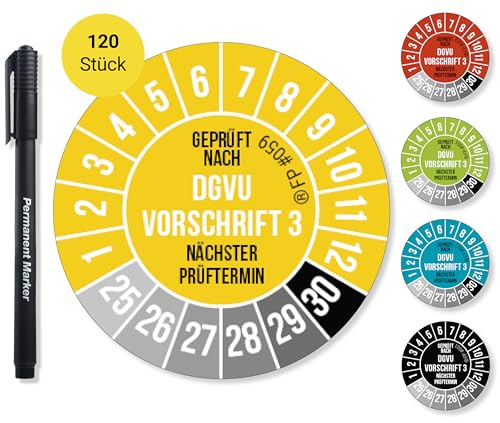 Frank Paperman® 120x DGVU V3 Prüfplaketten gelb 20 mm Durchmesser inkl. Folienstift, Prüfplaketten Nächster Prüftermin, UV-beständig, Hohe Klebkraft, 5 Farben, 2 Größen von Frank Paperman