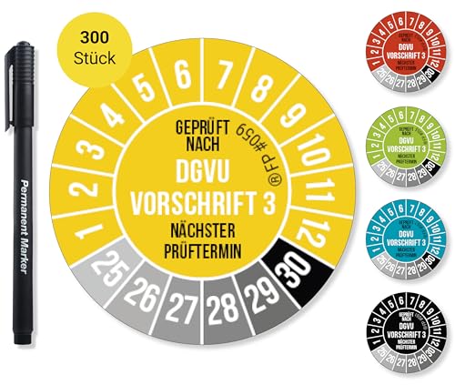 Frank Paperman® 300x DGVU V3 Prüfplaketten gelb 20 mm Durchmesser inkl. Folienstift, Prüfplaketten Nächster Prüftermin, UV-beständig, Hohe Klebkraft, 5 Farben, 2 Größen von Frank Paperman