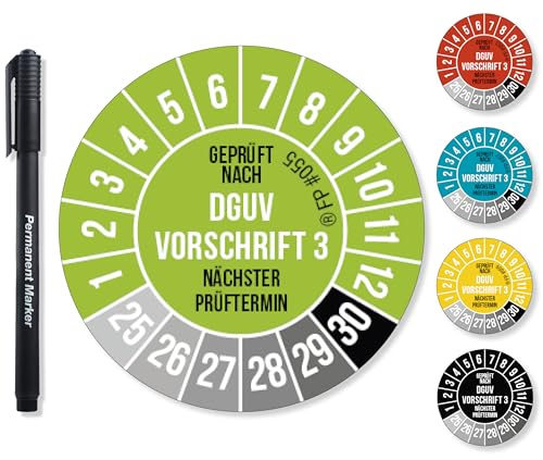 Frank Paperman® 60x DGUV V3 Prüfplaketten grün 20 mm Durchmesser inkl. Folienstift, Prüfplaketten Nächster Prüftermin, UV-beständig, Hohe Klebkraft, 5 Farben, 2 Größen von Frank Paperman