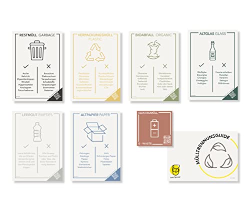 Frank Paperman® | 7 Aufkleber Mülltrennung | selbstklebend | unterschiedliche Farben | DIN-A6-Format 10,5 cm x 14,8 cm | Mülltonnen Aufkleber auf Deutsch & Englisch mit QR-Code und Mülltrennungsguide von Frank Paperman
