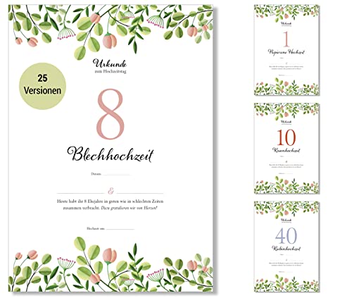 Frank Paperman® | Geschenke zum 8 Hochzeitstag | Ehejubiläum | Blechhochzeit | Urkunde Hochzeitstag Geschenkidee | floral | Vordruck im DIN-A4-Format von Frank Paperman