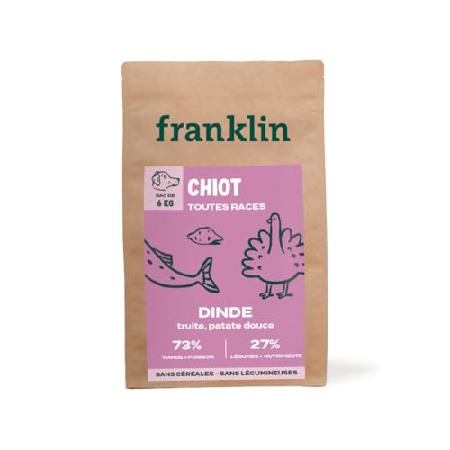 FRANKLIN Trockenfutter für Welpen – 73 % Truthahn und Forelle – ohne Getreide und ohne Hülsenfrüchte – einfache Verdauung – optimales Wachstum – Größe 13 mm – 6 kg von Franklin