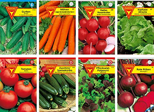 Frankonia-Samen / Gemüsesamen-Sortiment / Grundausstattung / 9 Gemüsesorten / Einlegegurken / Möhren / Radies / Kopfsalat / Tomate / Zucchini / Pflücksalat / Rote Rüben von Frankonia