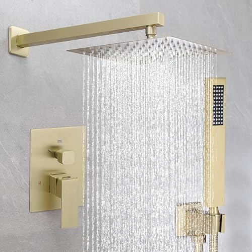 Fransiton Duschsystem Regenduschsystem Set Deckenmontage Regenduschkopf mit Handbrause Badezimmer Duschset (Ventil im Lieferumfang enthalten) (10 Zoll, Gebürstetes Gold) von Fransiton