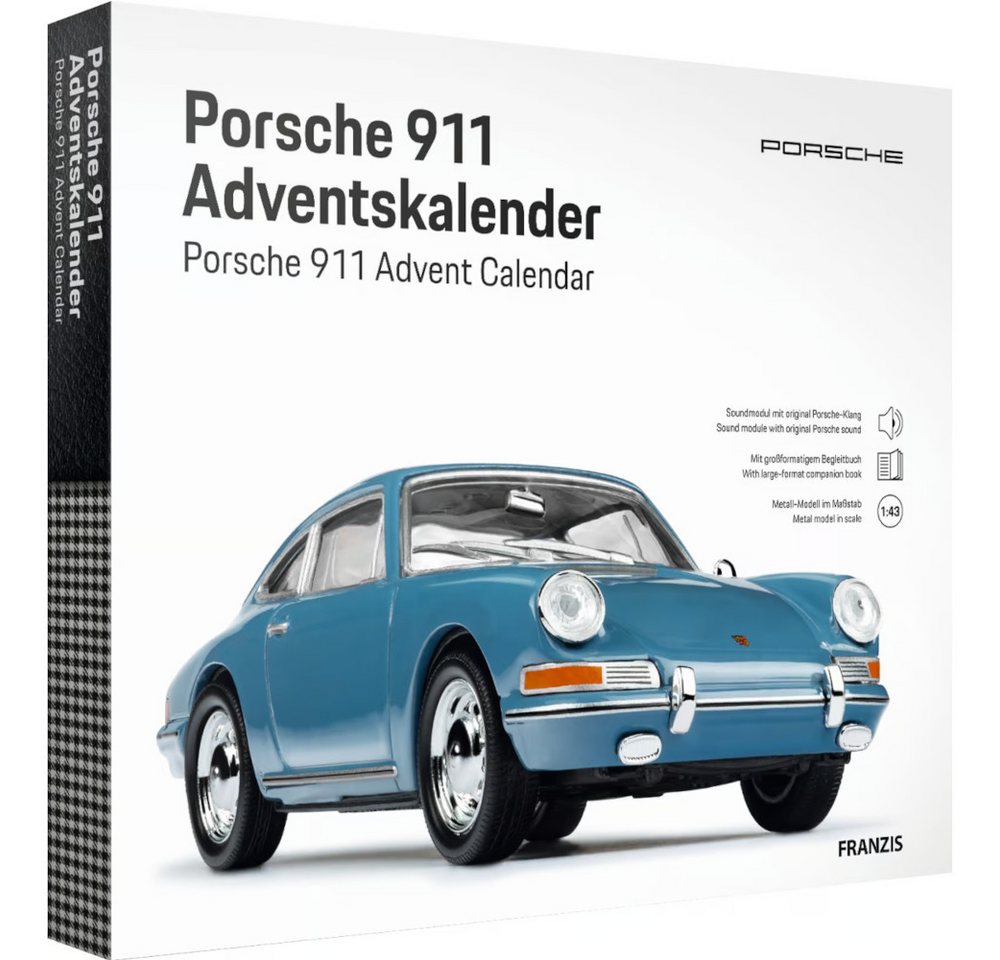 Franzis Adventskalender Porsche 911 Adventskalender 2025 Emailleblau – Modellauto 1:43 (24-tlg), Originaltreuer Porsche 911 in Emailleblau – inkl. Motorsound von Franzis
