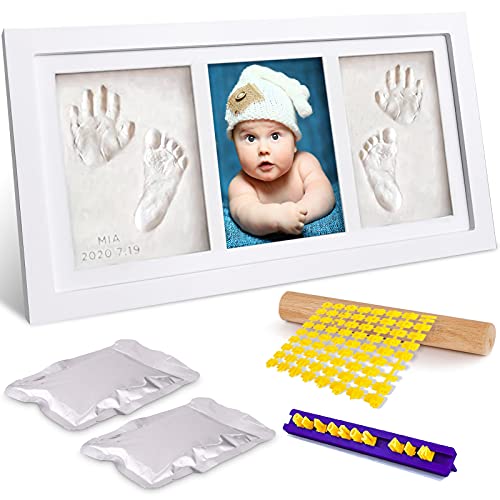 Frasheng Baby Handabdruck und Fußabdruck Set,Bilderrahmen Baby,Gipsabdruck für Baby Hand und Fuß,mit Echtholz Bilderrahmen,mit Holzstäbchen,2 Packungen weißer Ton,Buchstaben und Zahlen,auch für Tiere von Frasheng