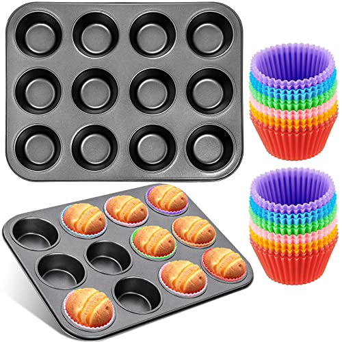 Frasheng Backblech für Muffins,2er-Pack Muffinform Blech für 12Muffins,antihaftbeschichtet,Karbonstahl,24Stück Wiederverwendbare Backförmchen aus Silikon,Cupcake Formen,Silikonformen von Frasheng