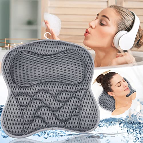 Frasheng Badewannenkissen mit Saugnäpfen,Badewannenkissen atmungsaktiver 4D Air Mesh,Badekissen für Entspannung von Nacken und Rücken,Ergonomisches Badewannenkissen Nacken,Spa Bath Pillow,Grau von Frasheng