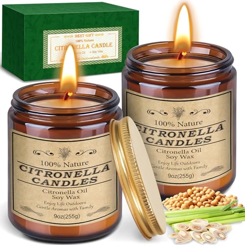 Frasheng Citronella Kerze Outdoor, 2 x 9oz Citronella Kerze aus Sojawachs, Kerze Geschenkset, Kerze Im Glas, Zitronengras Duftkerzen, Citronella Kerzen für Garten Camping Picknick Terrasse von Frasheng