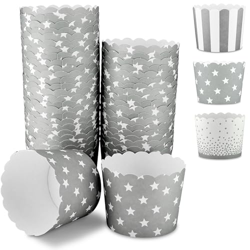 Frau WUNDERVoll® 100 Muffin Backformen grau weiß Sterne, Durchmesser 6,1 cm/Muffins Muffinbackform Muffinform Form Backförmchen Cupcake Formen Förmchen Papier Cupcakeformen von Frau WunderVoll