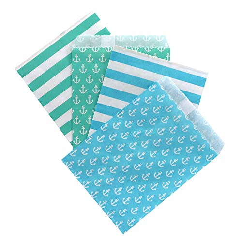 Frau WUNDERVoll® 100 PAPIERTÜTEN IM Set 1, 4x25 Stück: türkis Streifen, türkis Anker, beachblau Streifen, beachblau Anker 13x16,5cm, 45Gramm Papier, flach/Hochzeit, Papiertütchen, Mitgebseltüten von Frau WUNDERVoll