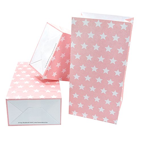 Frau WUNDERVoll® 12 PAPIERTÜTEN MIT Boden ROSA, Sterne 12x7x24cm (Angebot) / Blockbodenbeutel, Tüte, Papiertüte, Geschenktüte, Geschenkbeutel, Gastgeschenk, Hochzeit, Mitgebseltüte, Falttasche von Frau WUNDERVoll