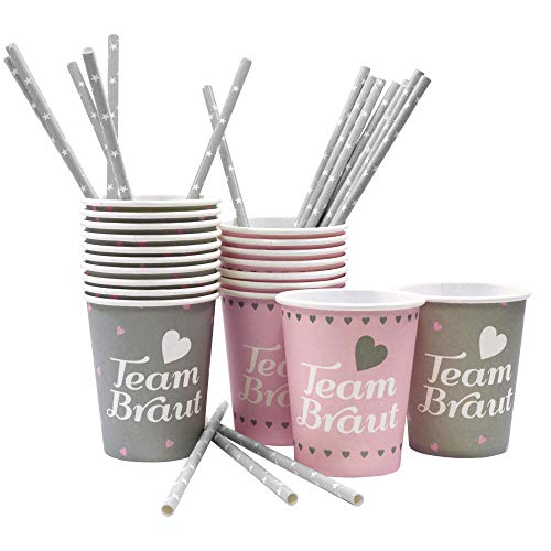 Frau WUNDERVoll® 24 JGA PAPPBECHER + STROHHALME Team Braut, rosa, grau, Team Braut Junggesellinnenabschied JGA Accessoires Frauen JGA Deko Hochzeit von Frau WUNDERVoll