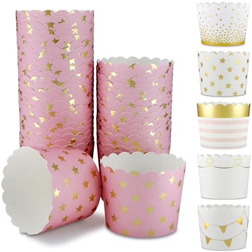 Frau WUNDERVoll® 25 Muffin Backformen rosa gold (metallic) Sterne Durchmesser 6,1 cm/goldene Muffins Muffinbackform Muffinform Form Backförmchen Cupcake Formen Förmchen Papier Cupcakeformen von Frau WunderVoll